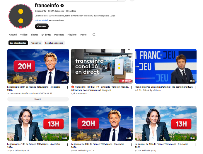 Les journaux télévisés et les émissions de Franceinfo canal 16 concentrent une part importante des vues sur la plateform